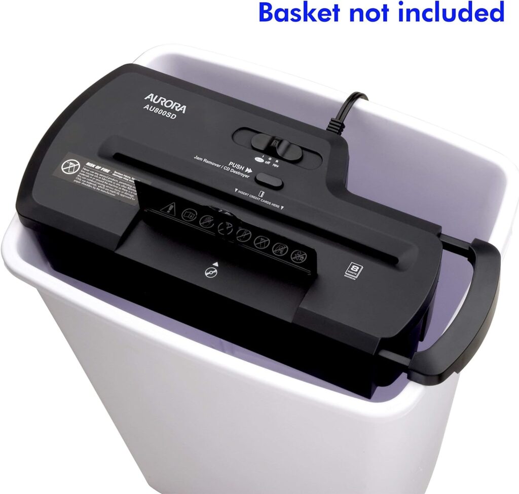 Aurora AU800SD Professional Strip Cut Paper Shredder/CD/Credit Card Shredder Without Wastebasket, 8-Sheet Strip-Cut No Basket, Black Aurora AU800SD Professional Strip Cut Paper Shredder/CD/Credit Card Shredder Without Wastebasket, 8-Sheet Strip-Cut No Basket, Black