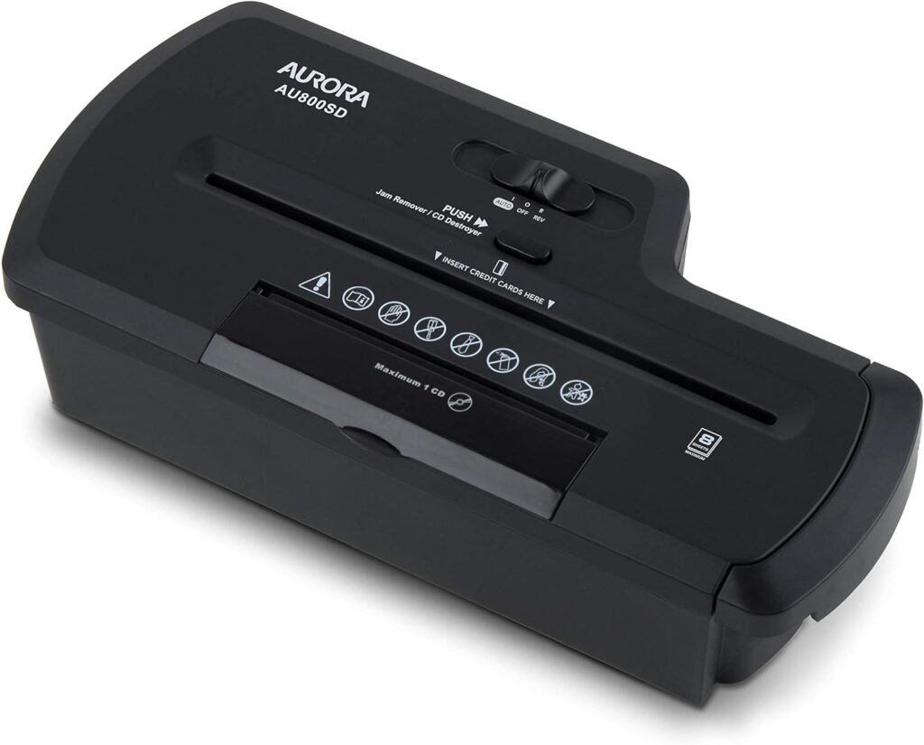 Aurora AU800SD Professional Strip Cut Paper Shredder/CD/Credit Card Shredder Without Wastebasket, 8-Sheet Strip-Cut No Basket, Black Aurora AU800SD Professional Strip Cut Paper Shredder/CD/Credit Card Shredder Without Wastebasket, 8-Sheet Strip-Cut No Basket, Black