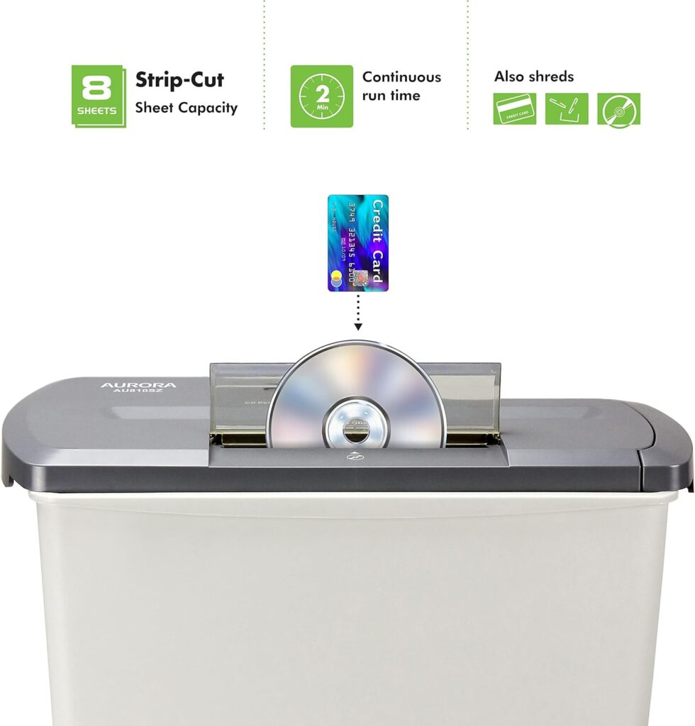 Aurora AU800SD Professional Strip Cut Paper Shredder/CD/Credit Card Shredder Without Wastebasket, 8-Sheet Strip-Cut No Basket, Black Aurora AU800SD Professional Strip Cut Paper Shredder/CD/Credit Card Shredder Without Wastebasket, 8-Sheet Strip-Cut No Basket, Black