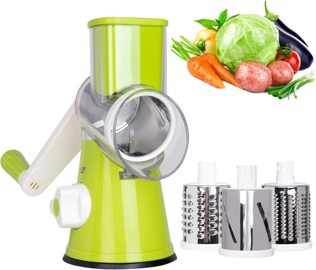 X Home Rotary Cheese Grater, Handheld Vegetables Slicer Cheese Shredder with Rubber Suction Base, 3 Stainless Drum Blades Included, Green X Home Rotary Cheese Grater, Handheld Vegetables Slicer Cheese Shredder with Rubber Suction Base, 3 Stainless Drum Blades Included, Green