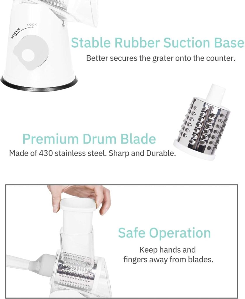 X Home Rotary Cheese Grater, Handheld Vegetables Slicer Cheese Shredder with Rubber Suction Base, 3 Stainless Drum Blades Included, Green X Home Rotary Cheese Grater, Handheld Vegetables Slicer Cheese Shredder with Rubber Suction Base, 3 Stainless Drum Blades Included, Green